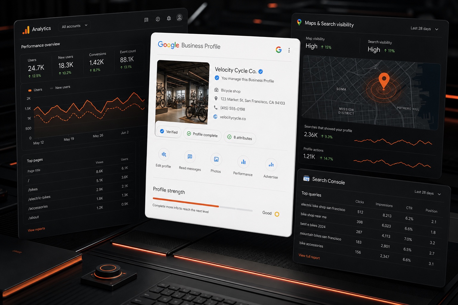 Donkere Google-profielen- en analyticsmockup