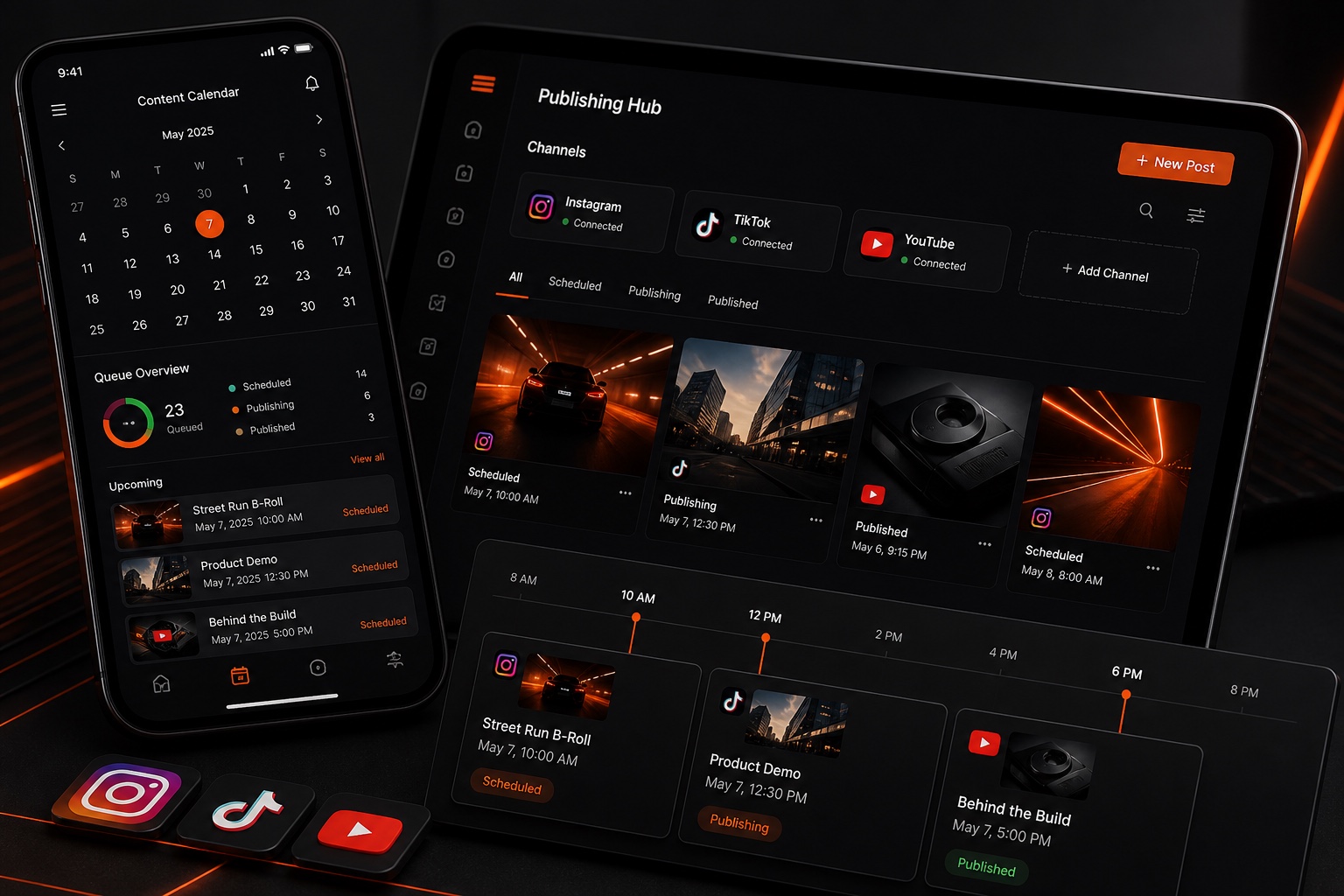 Donkere social-publicatiemockup op telefoon en tablet