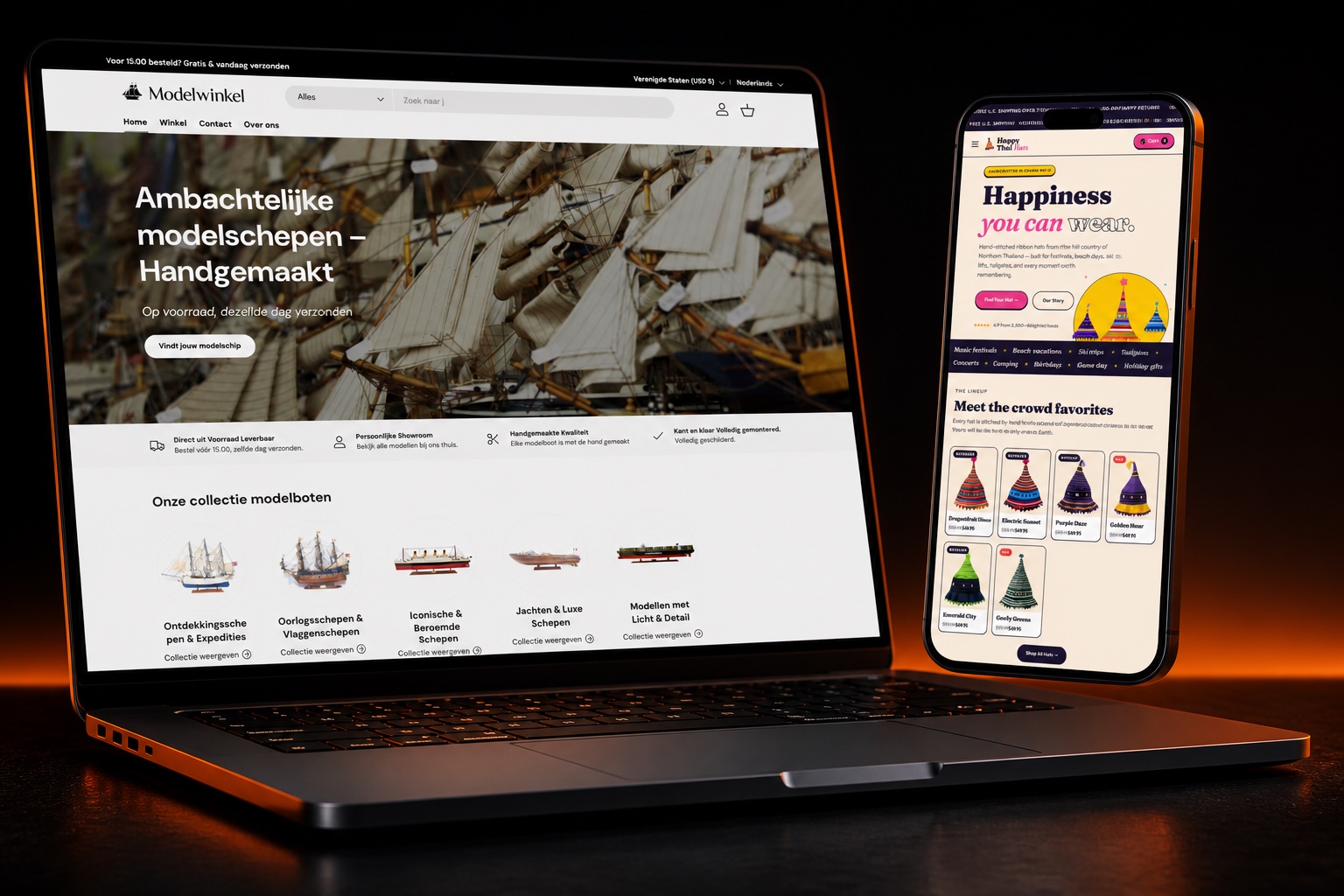Premium laptop- en telefoonmockup met echte websites van De Modelwinkel en Happy Thai Hats