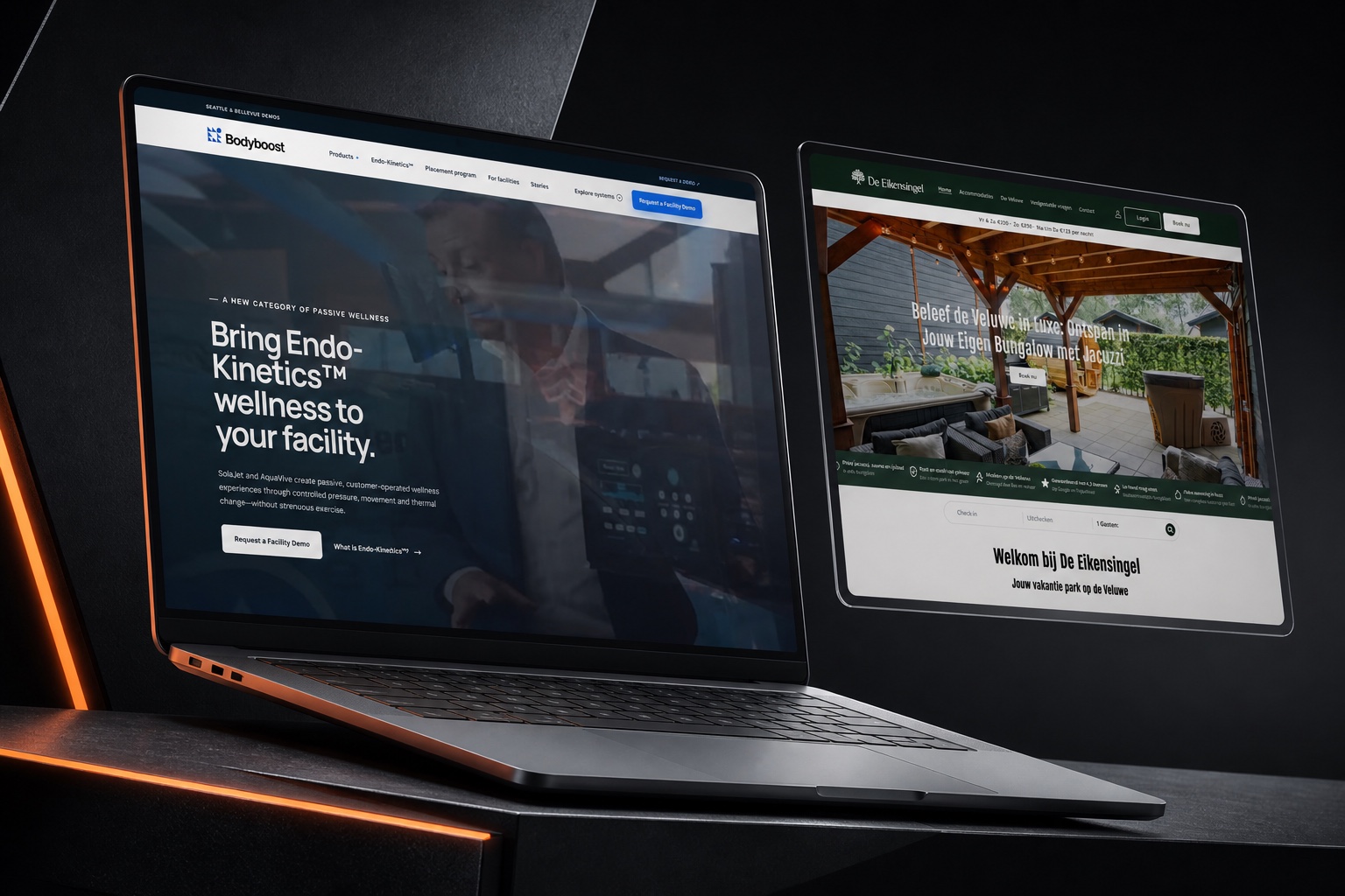 Premium perspectiefmockup met echte websites van BodyBoost en De Eikensingel